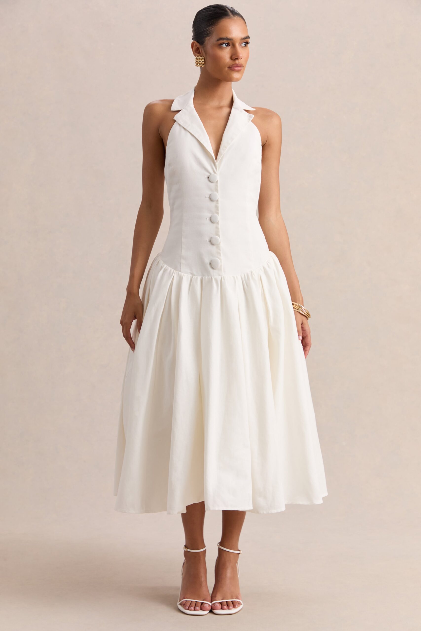 Ella | White Plunge-Neck Midi Dress With Drop-Waist - Image 3