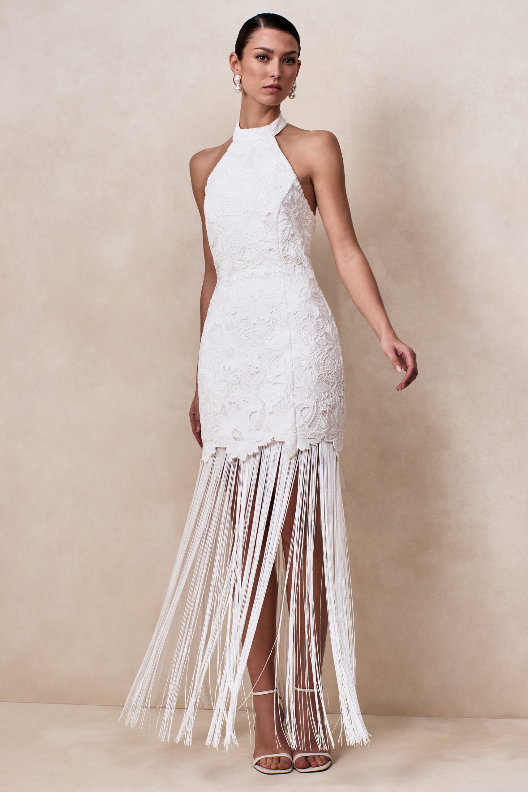 Skylar | White Lace Halter-Neck Maxi Dress With Open-Back And Bow Detail - Image 5