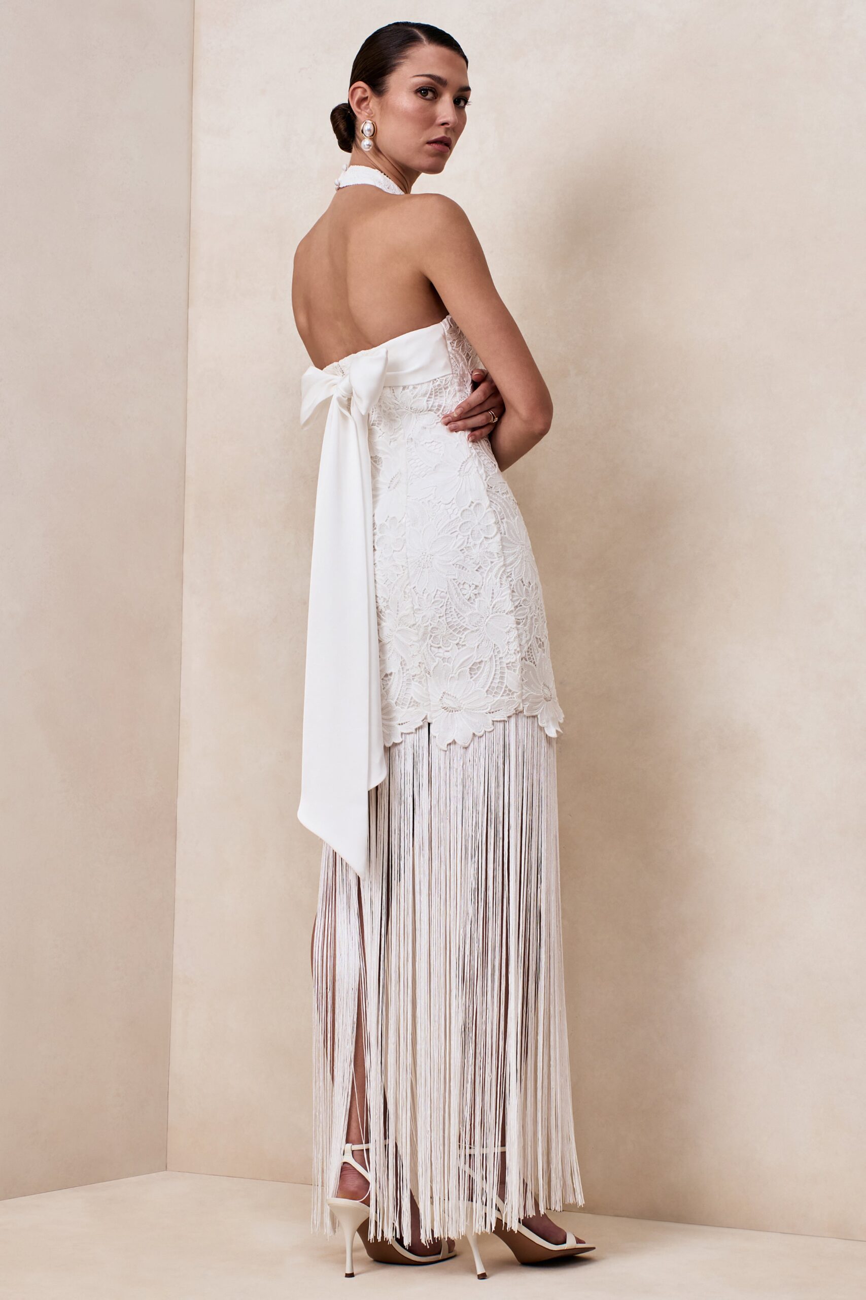 Skylar | White Lace Halter-Neck Maxi Dress With Open-Back And Bow Detail - Image 2