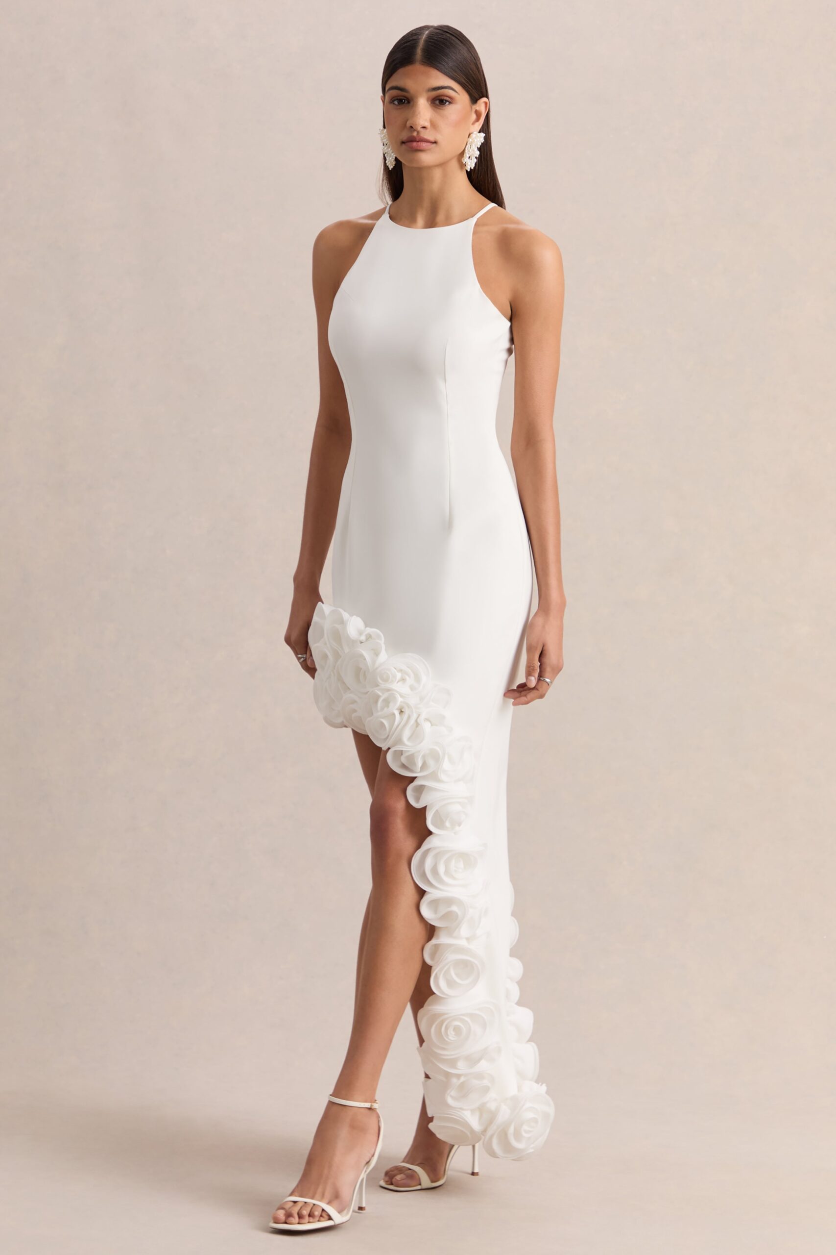 Indira | White Halter-Neck Maxi Dress With Asymmetric-Floral Hem - Image 4