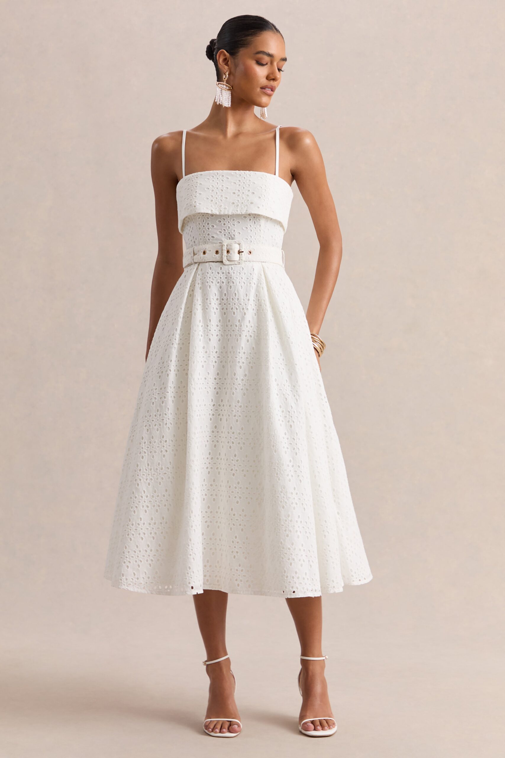 Zoeva | Cream Broderie Square-Neck Belted Midi Dress - Image 5