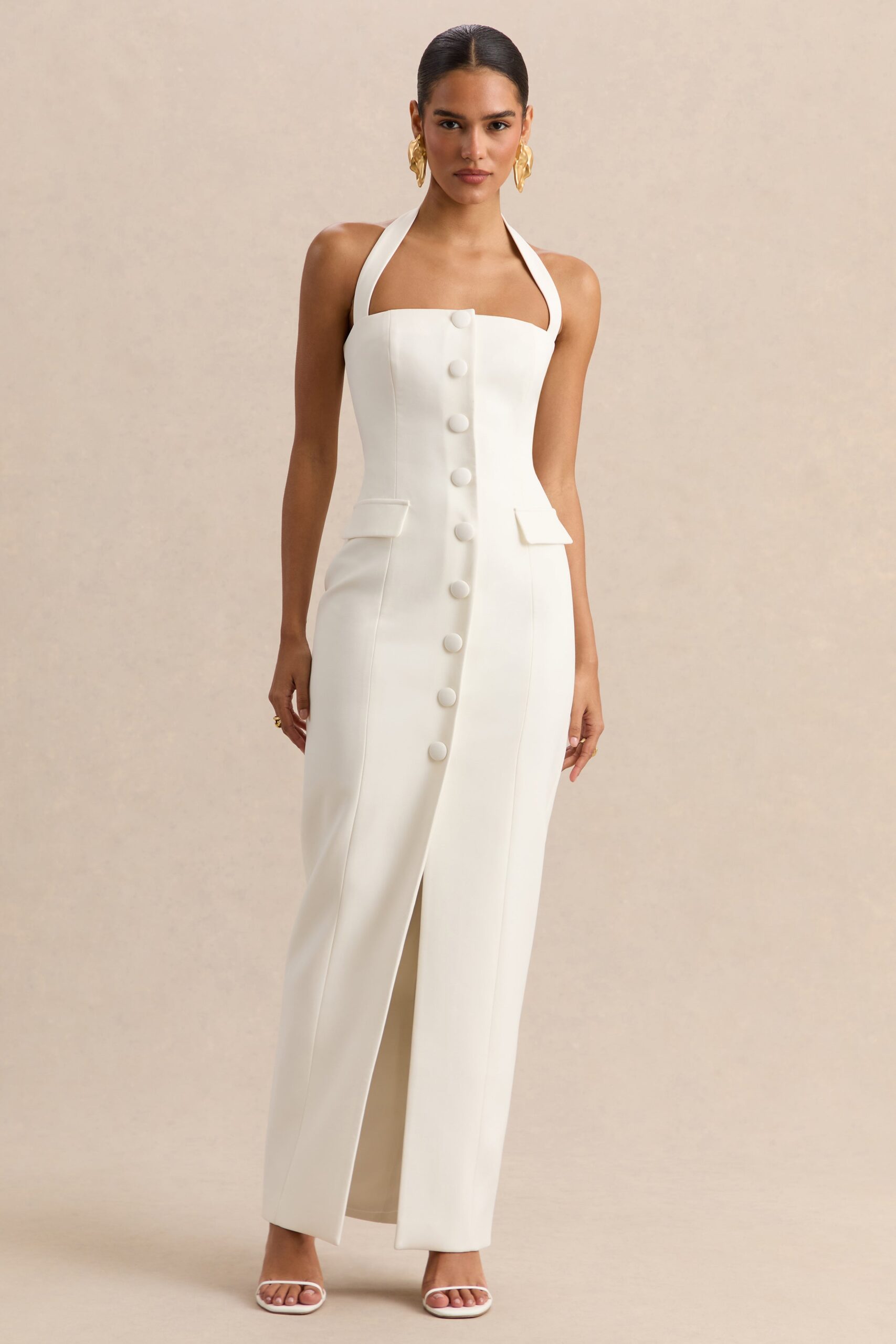 Steph | White Halter-Neck Tailored Maxi Dress - Image 5