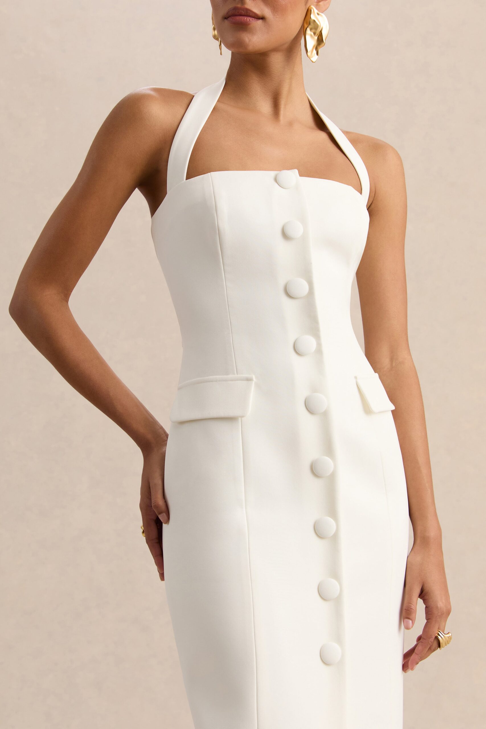 Steph | White Halter-Neck Tailored Maxi Dress - Image 3