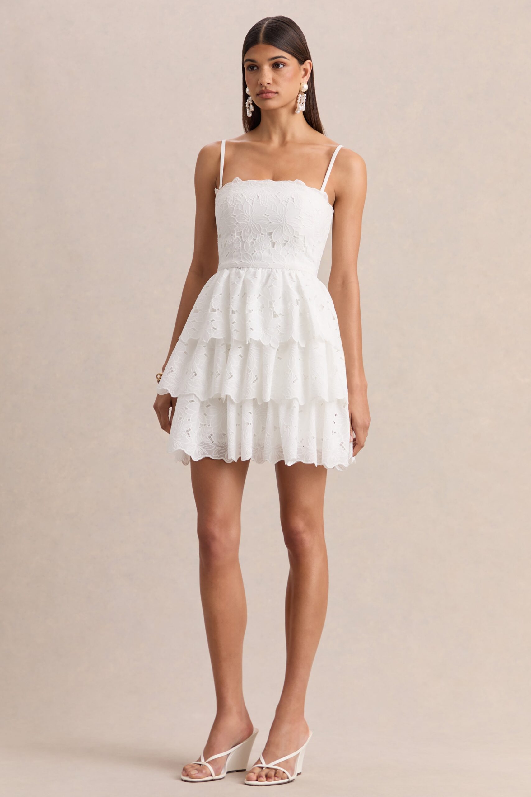 Winona | White Lace Square-Neck Mini Dress With Ruffled Detailing - Image 6