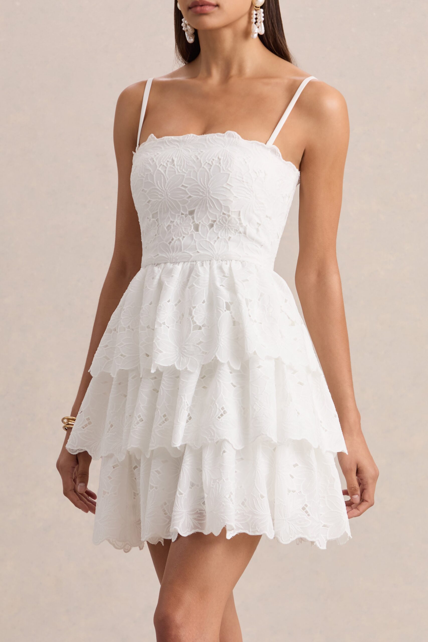 Winona | White Lace Square-Neck Mini Dress With Ruffled Detailing - Image 4