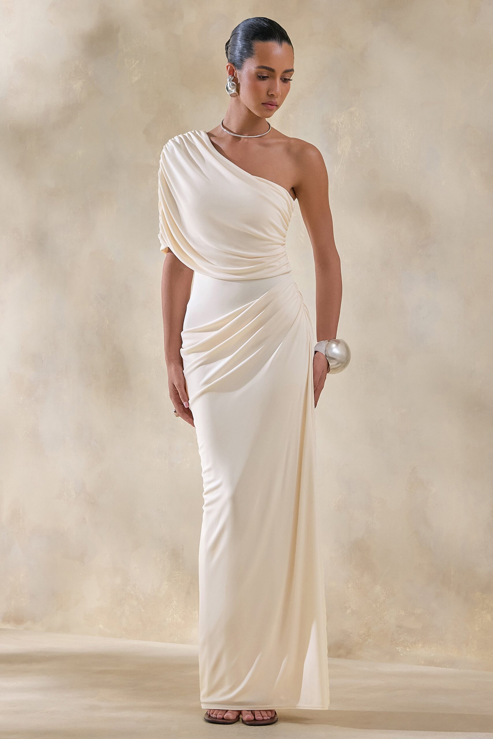 Iberia | Cream Asymmetric-Neck Maxi Dress With Draped Detail - Image 5