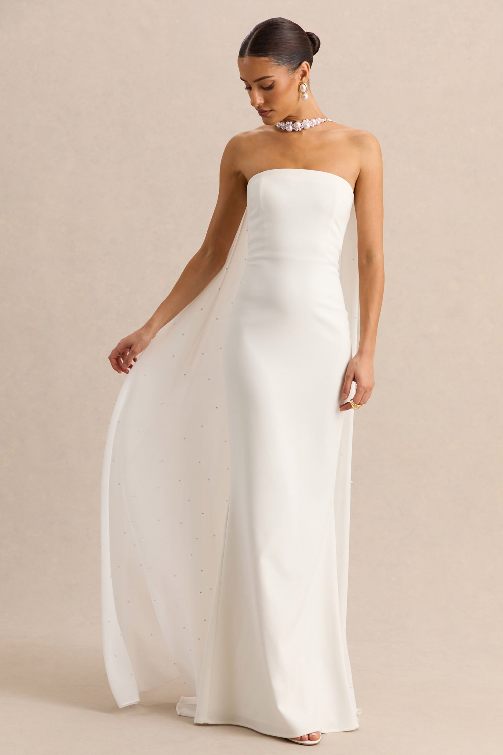 Alina | White Bandeau Maxi-Dress With Cape - Image 4