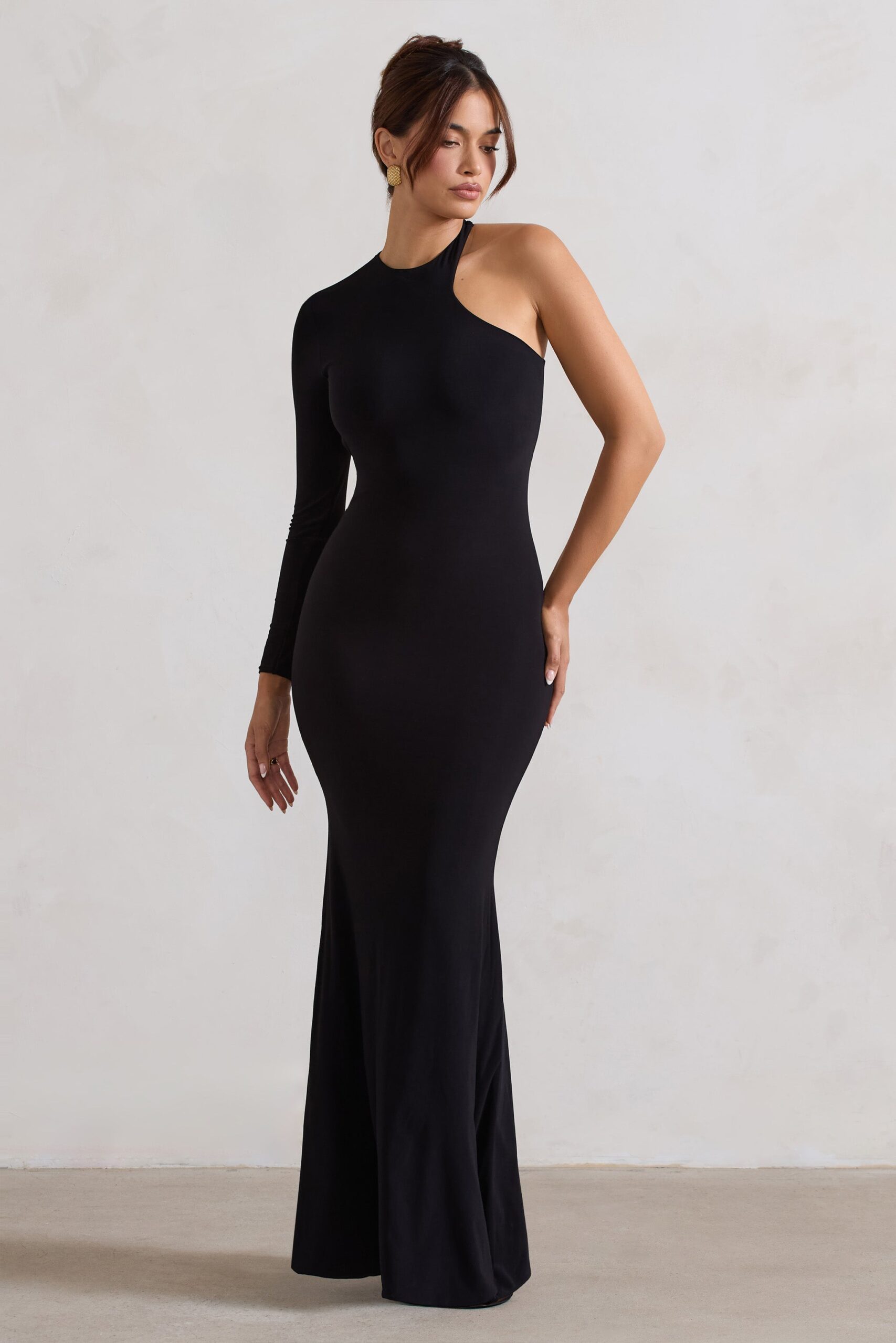Tyra | Black Asymmetric Neck Cut Out Maxi Dress With Open Back Detail - Image 6