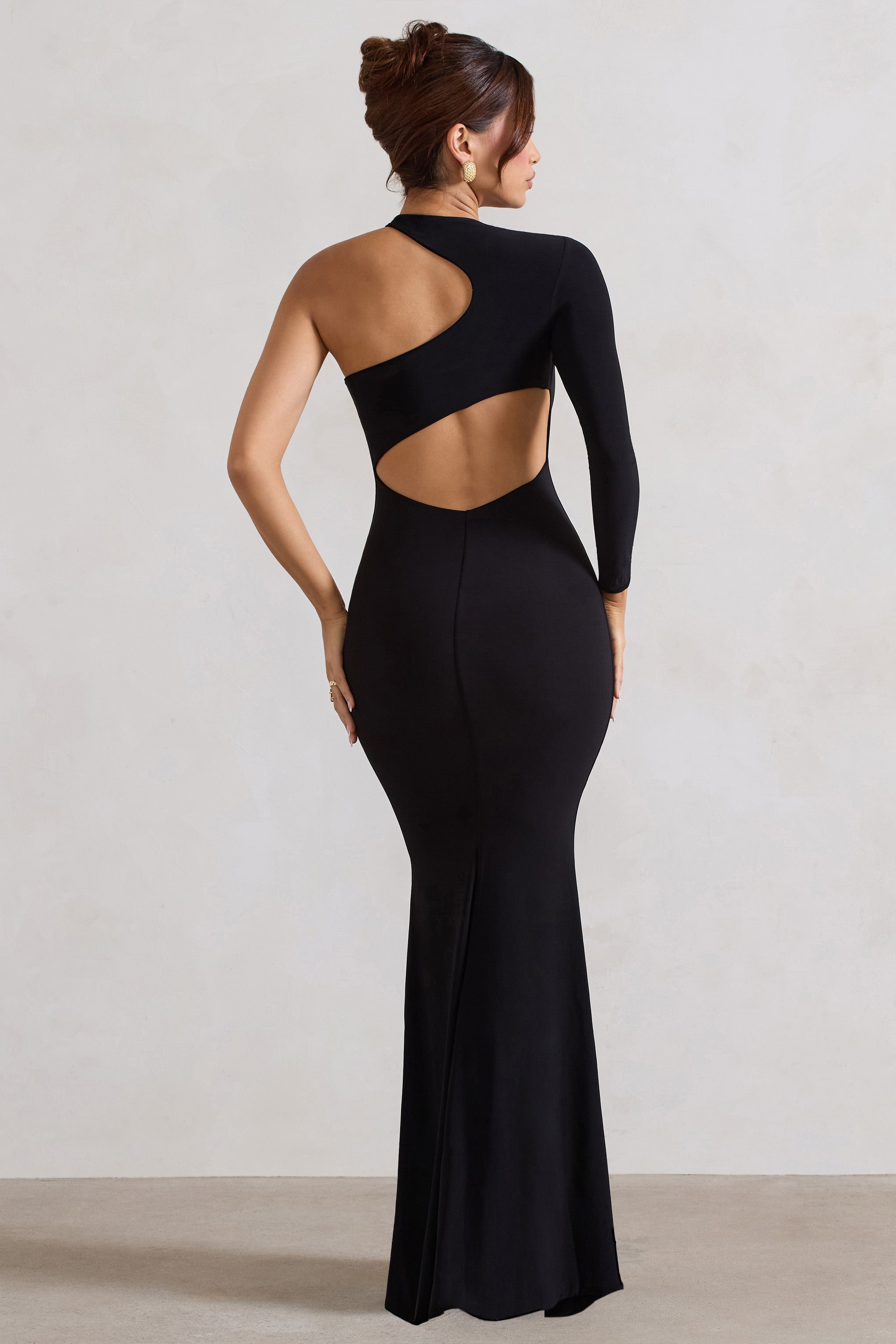 Tyra | Black Asymmetric Neck Cut Out Maxi Dress With Open Back Detail - Image 7