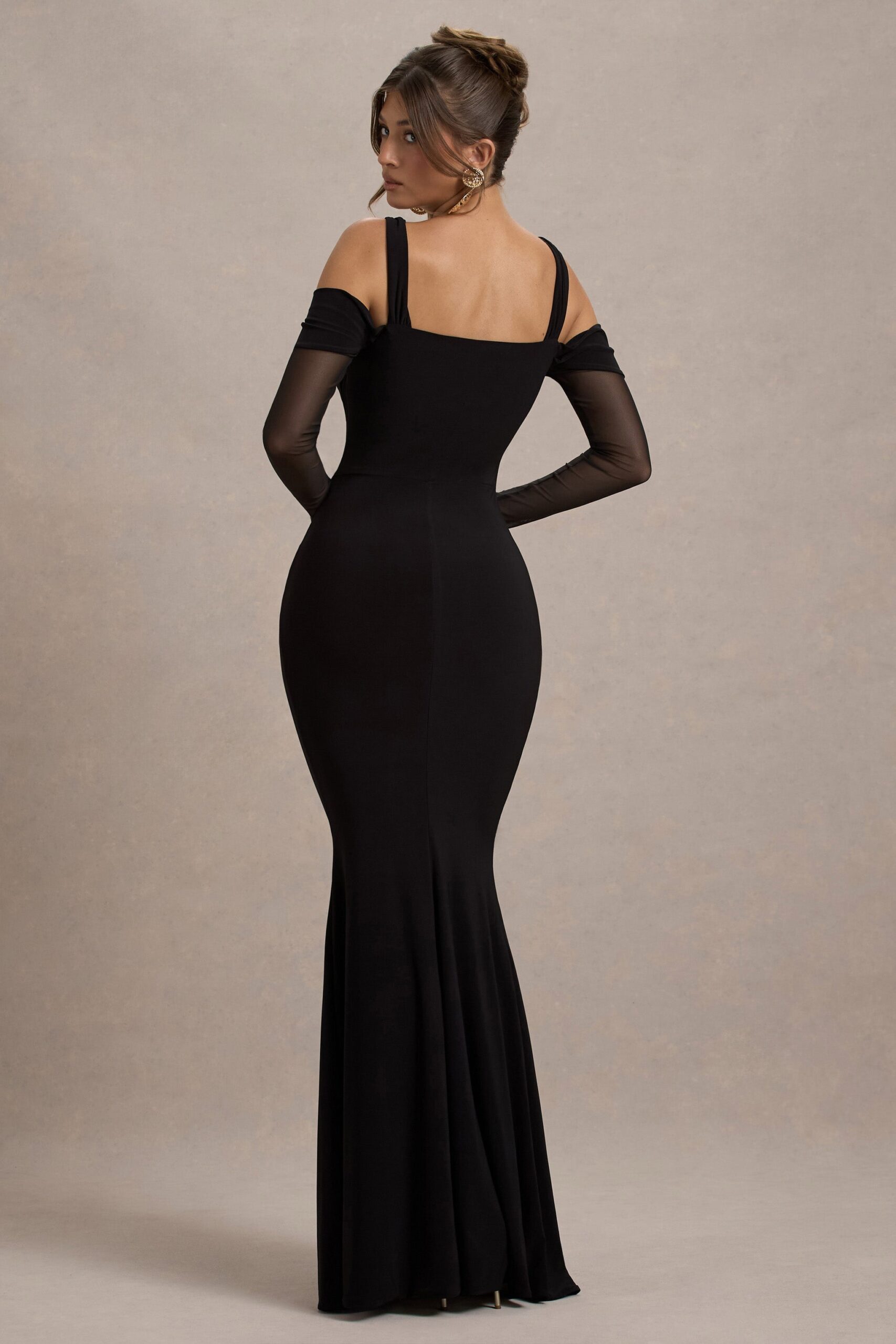 Milana | Black Square-Neck Draped Wrap Maxi Dress With Long Sleeves - Image 2