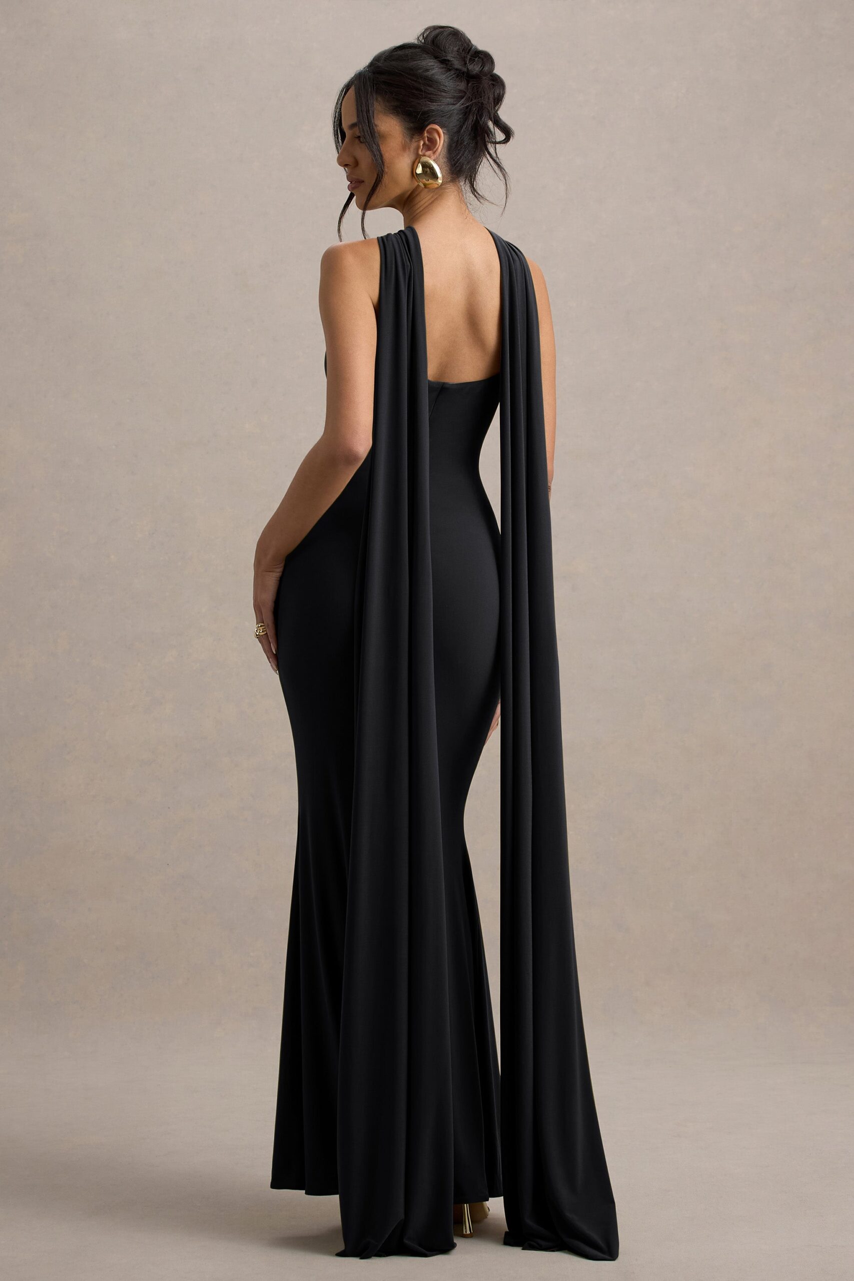 Rhoda | Black Twist Halter-Neck Cape Maxi Dress - Image 2