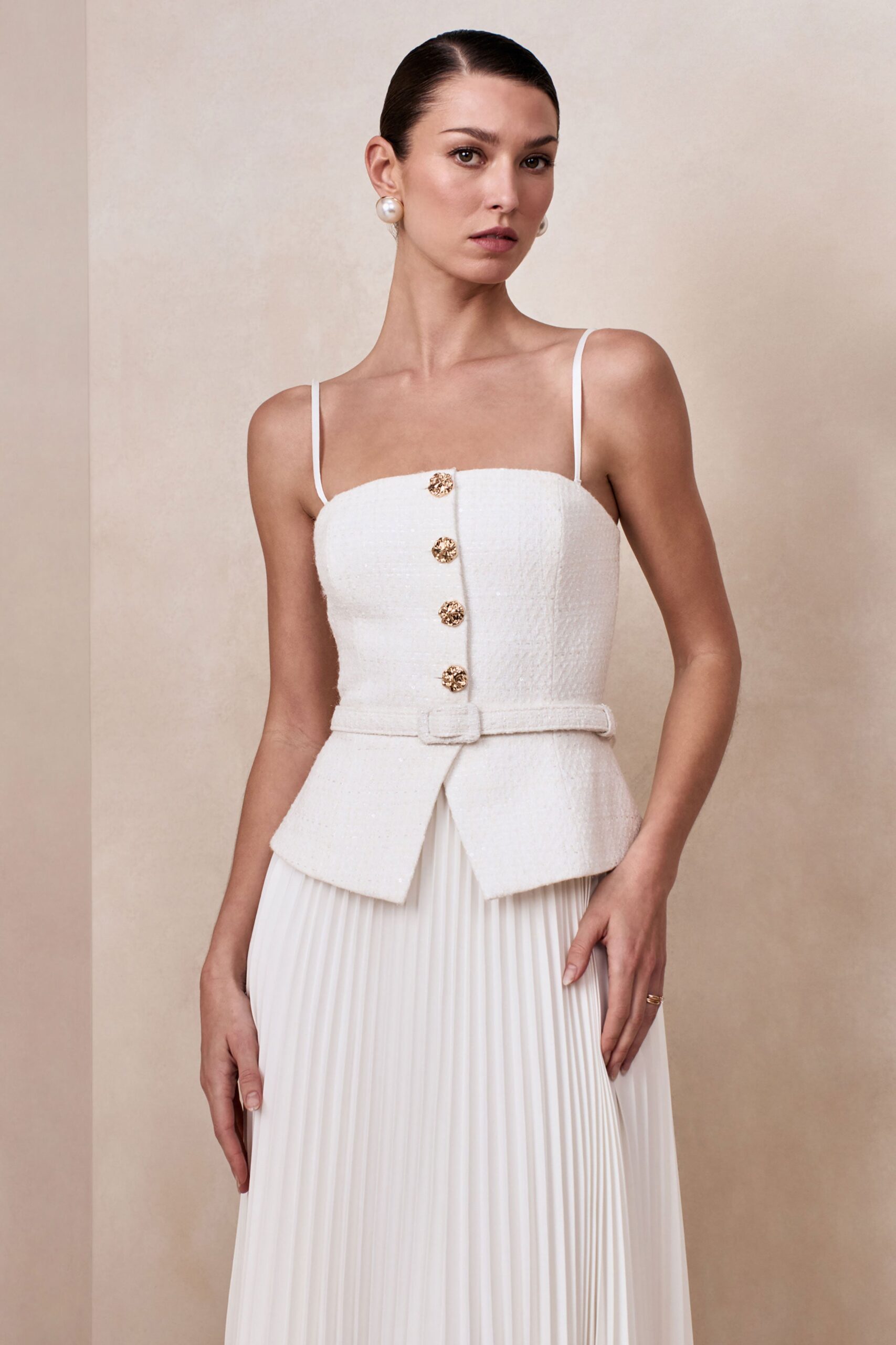 Lizzy | Cream Square-Neck Midi Dress With Pleated-Skirt - Image 4
