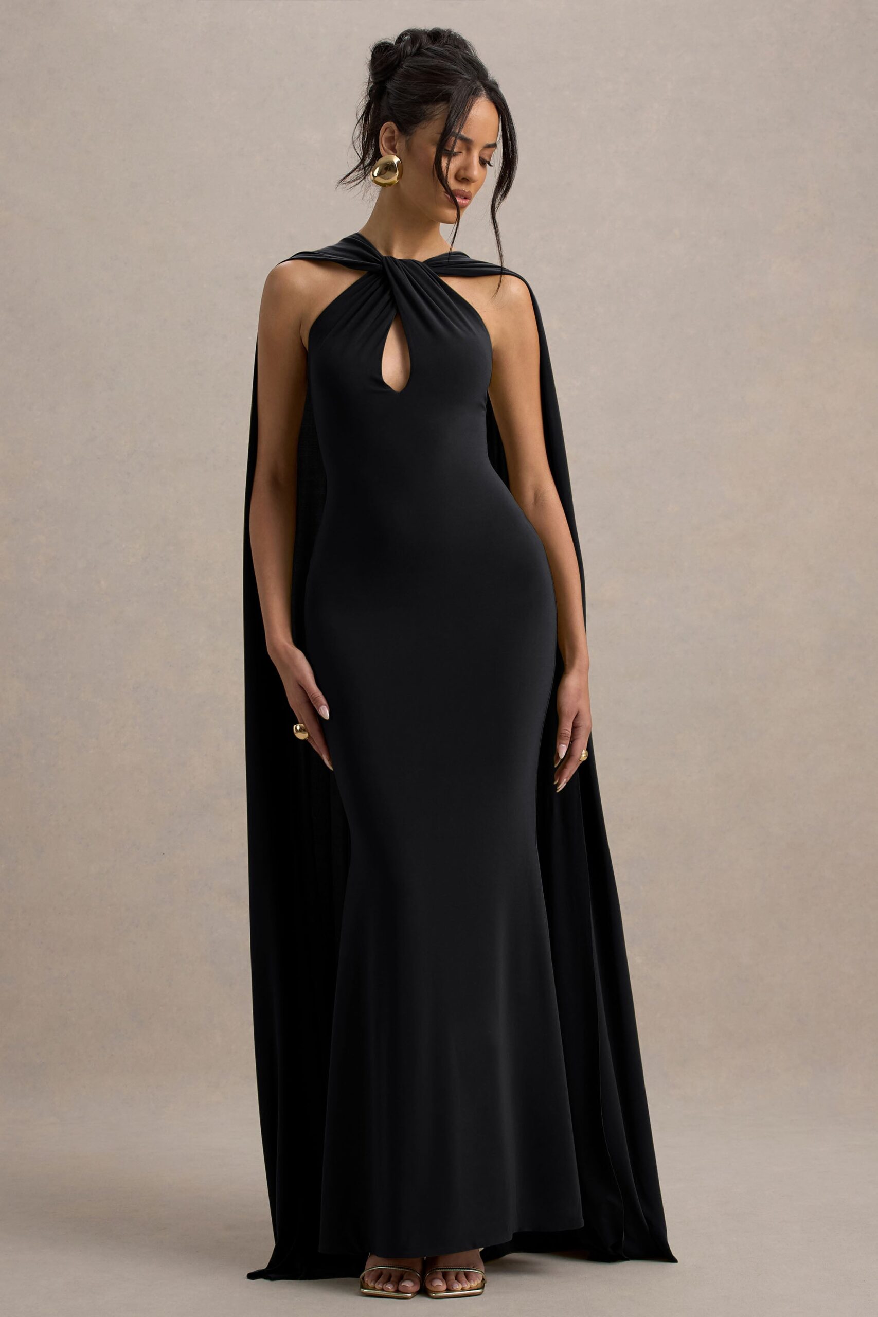 Rhoda | Black Twist Halter-Neck Cape Maxi Dress - Image 4