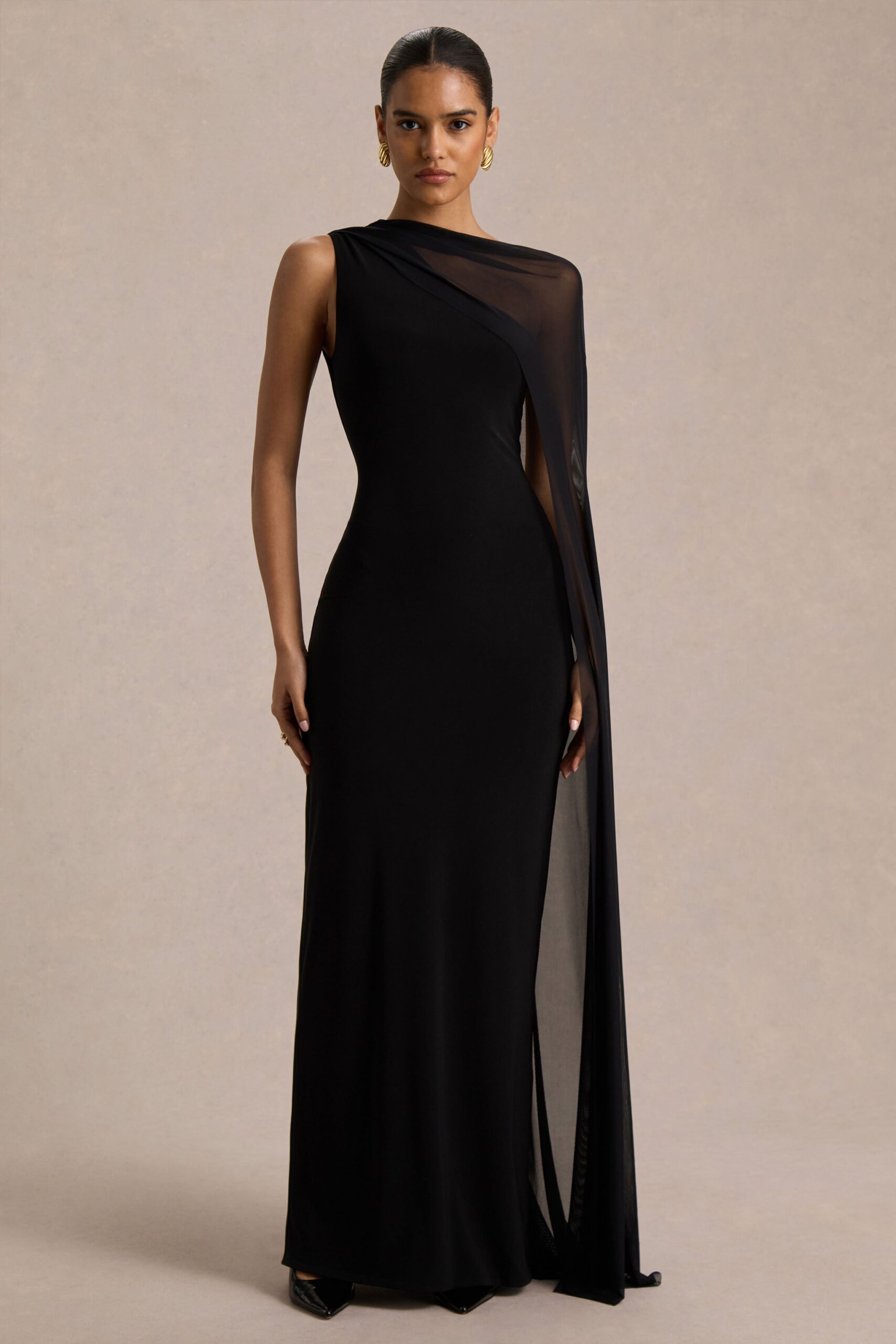 Mirelle | Black Asymmetric-Neck Maxi Dress With Sheer Cape-Sleeve - Image 4