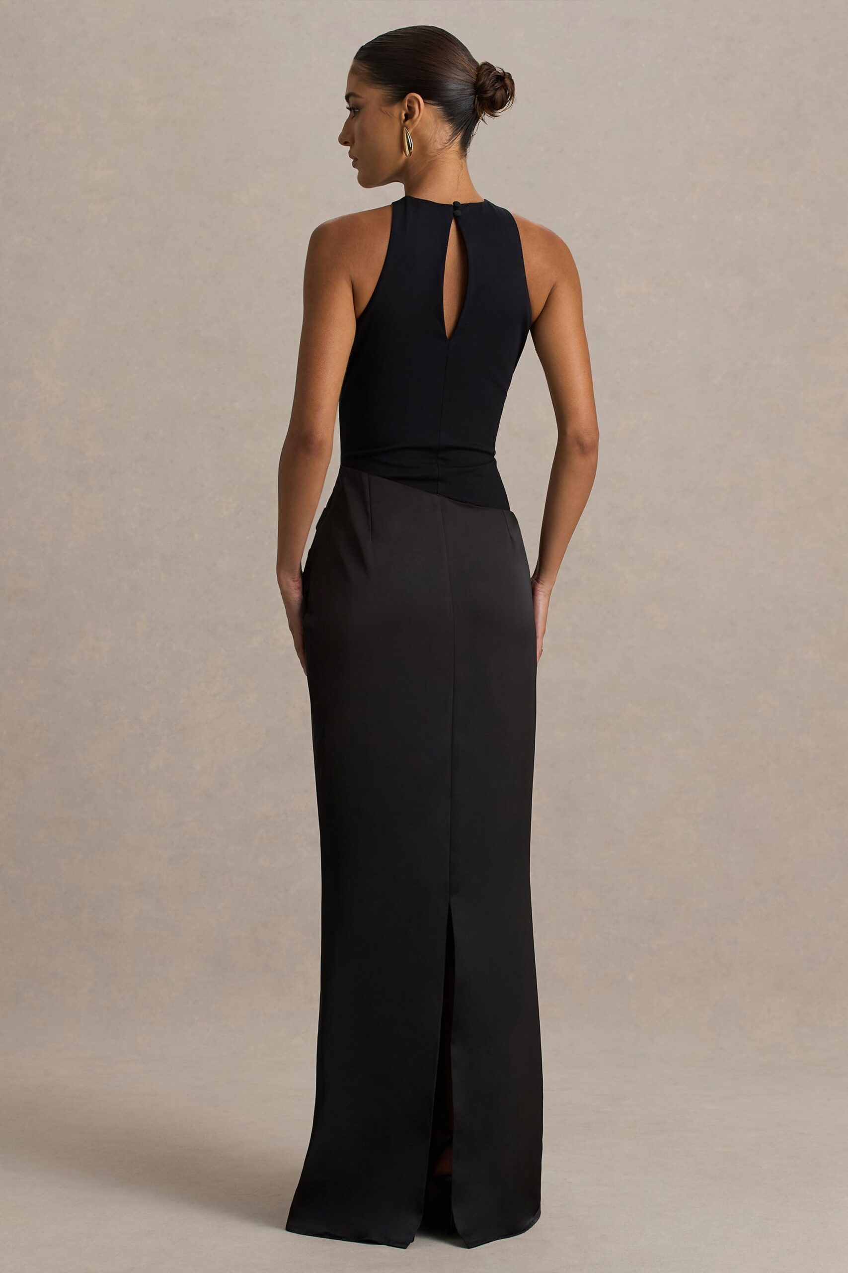 Akari | Black Crew-Neck Maxi Dress With Satin Skirt - Image 2