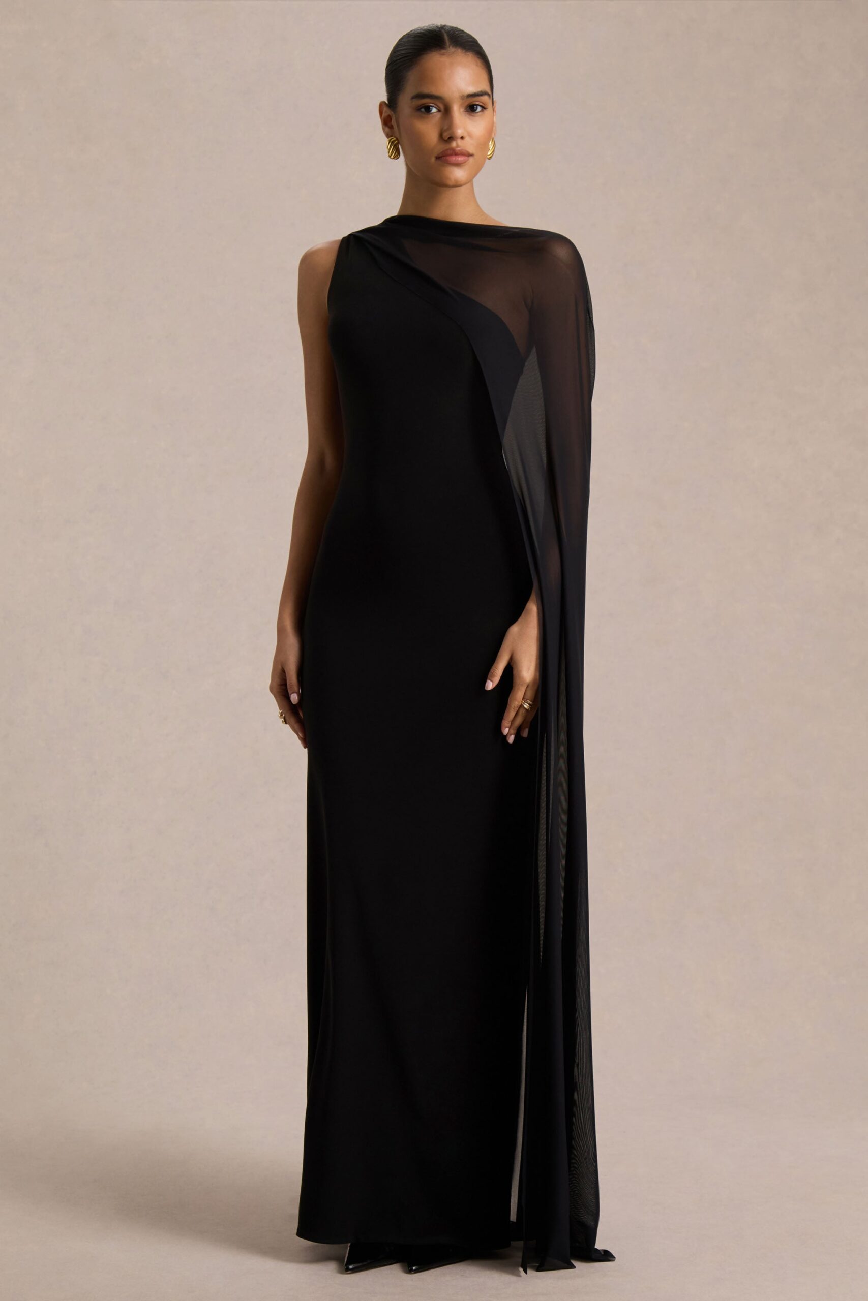 Mirelle | Black Asymmetric-Neck Maxi Dress With Sheer Cape-Sleeve - Image 5