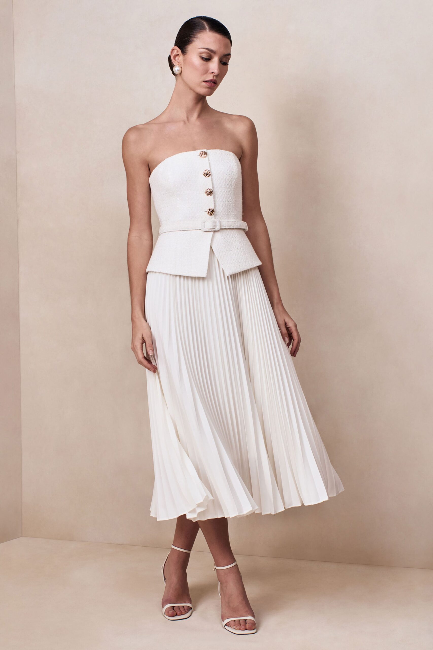 Lizzy | Cream Square-Neck Midi Dress With Pleated-Skirt - Image 5