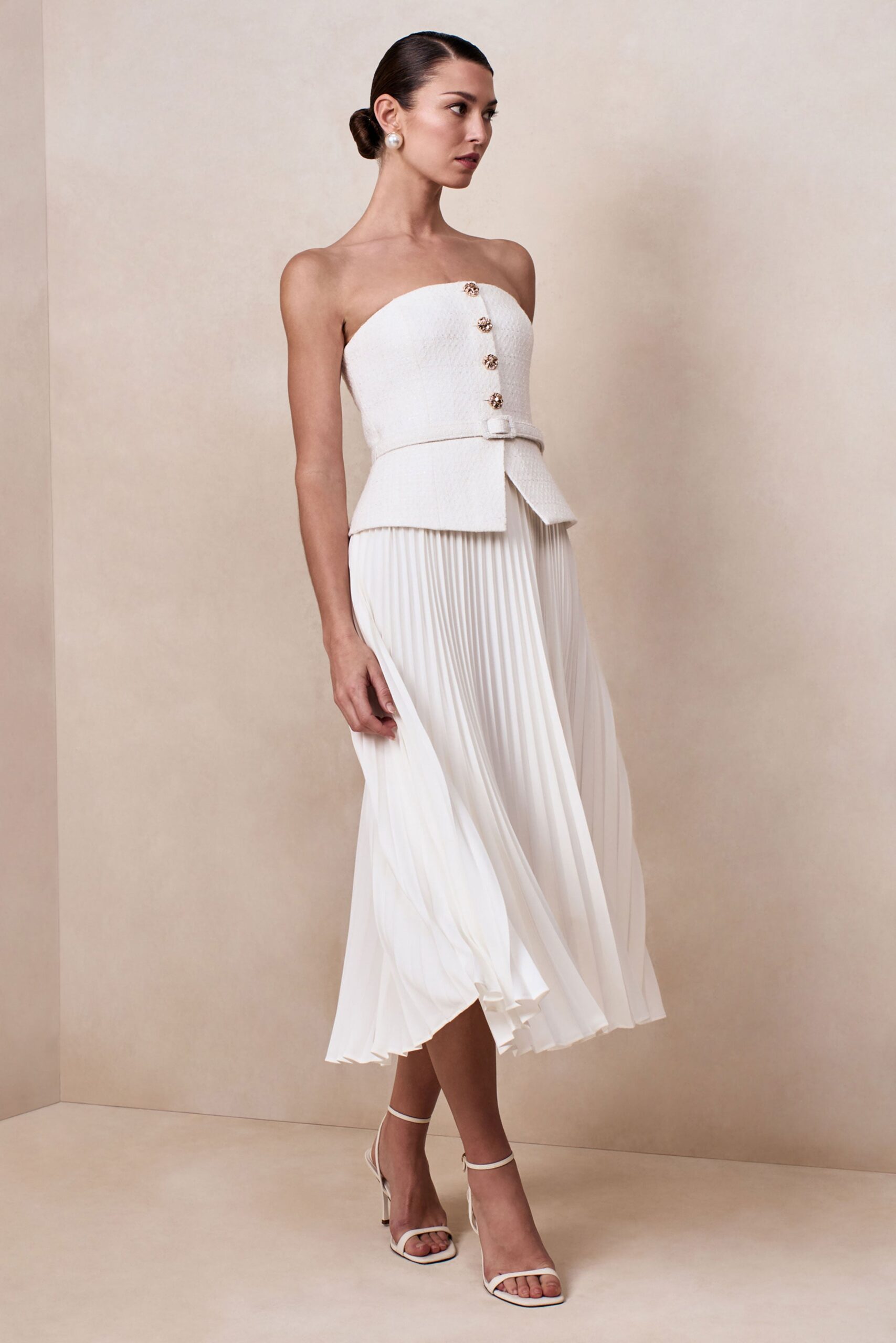 Lizzy | Cream Square-Neck Midi Dress With Pleated-Skirt - Image 6