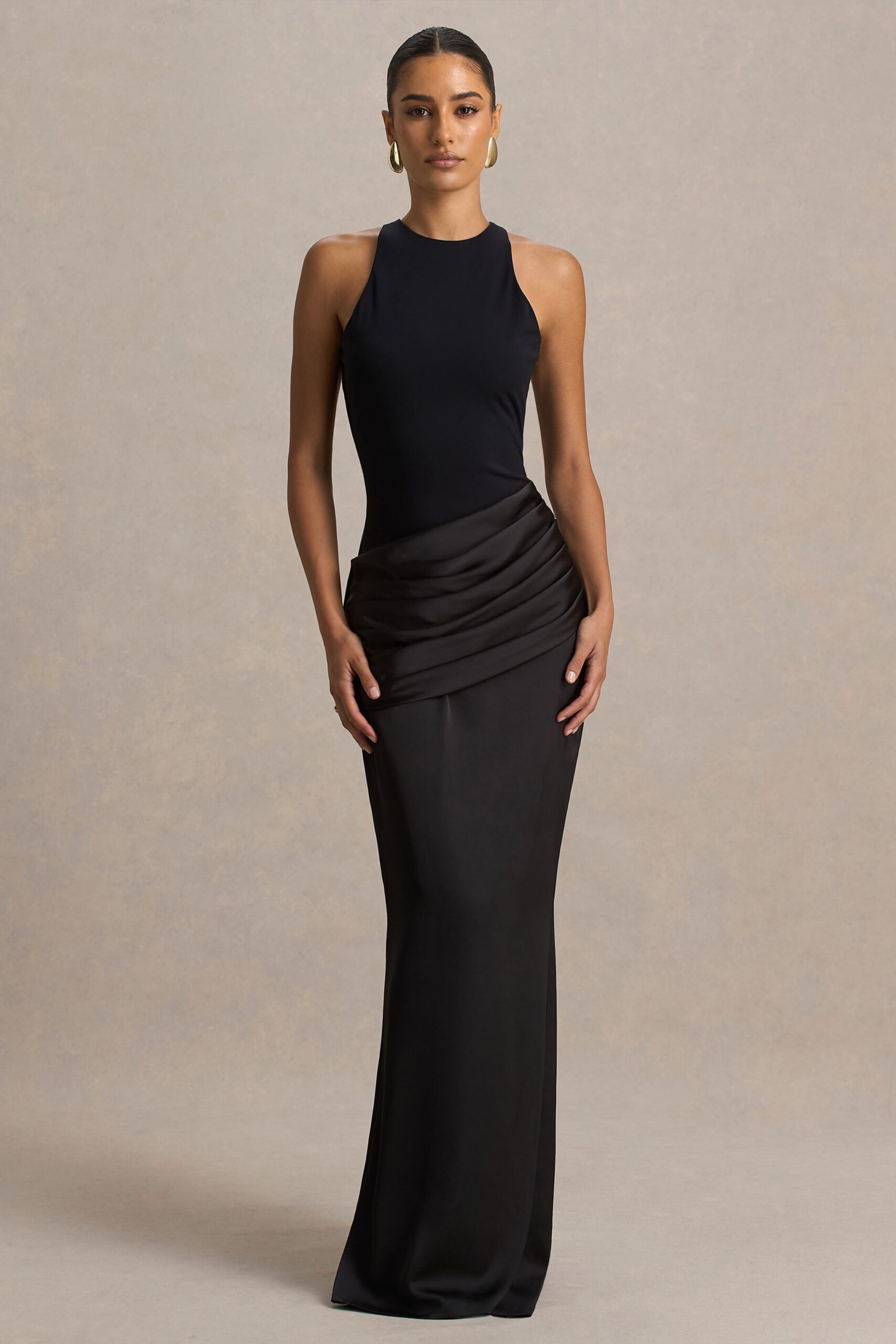 Akari | Black Crew-Neck Maxi Dress With Satin Skirt - Image 5