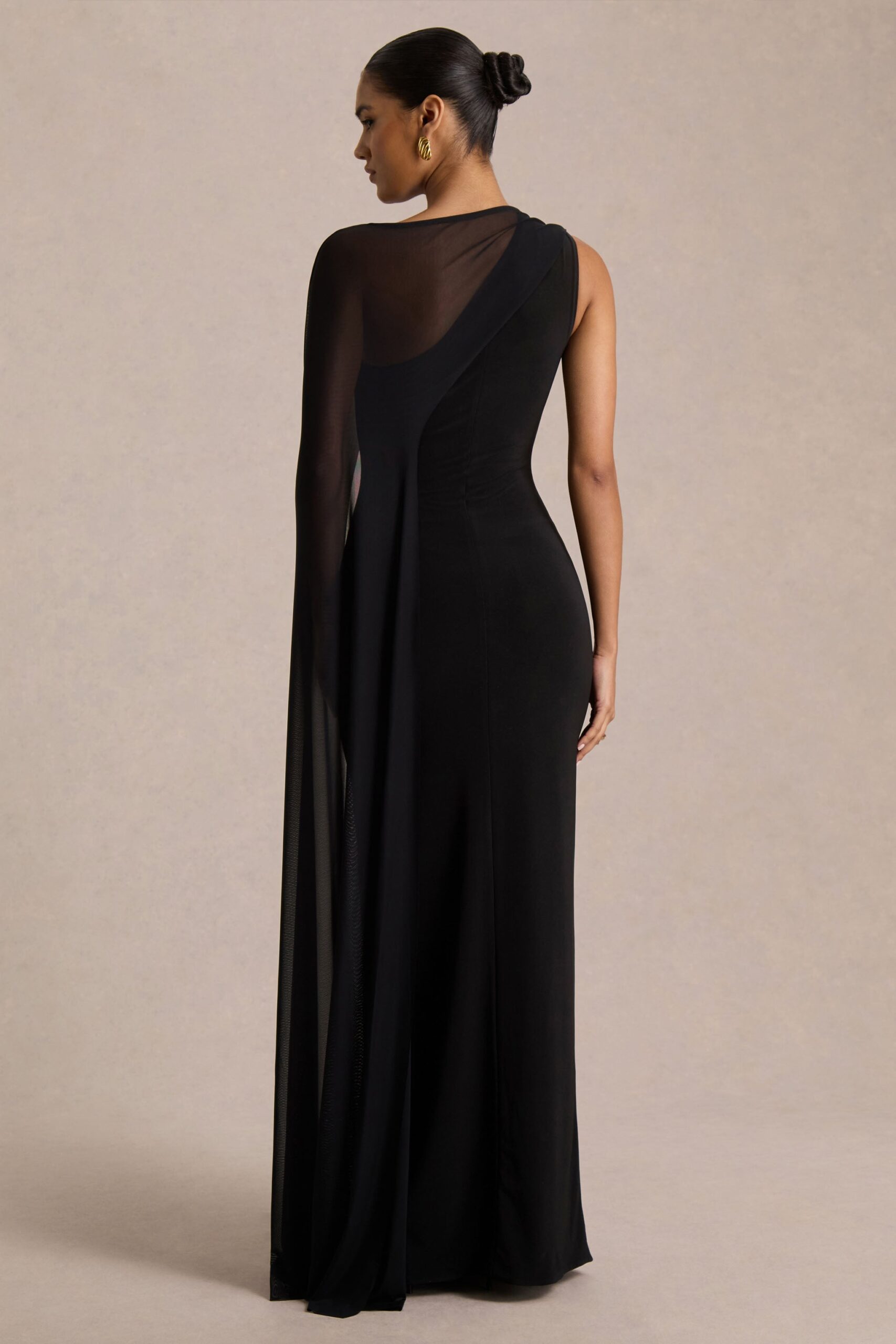 Mirelle | Black Asymmetric-Neck Maxi Dress With Sheer Cape-Sleeve - Image 2