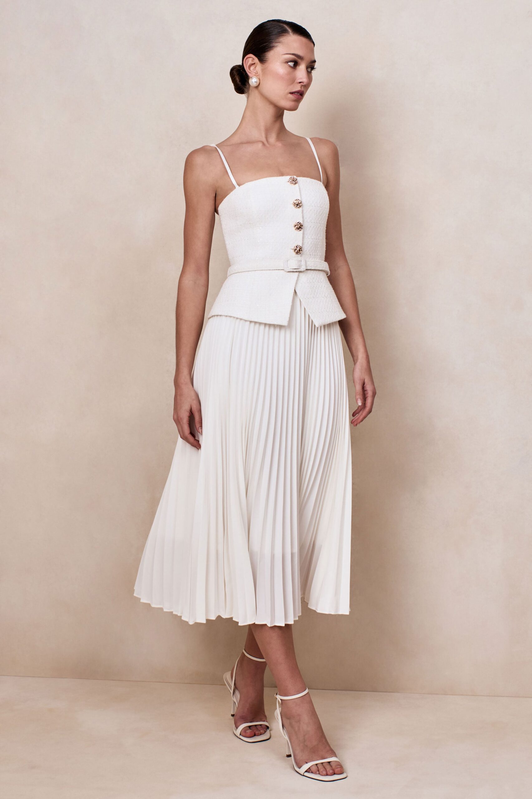 Lizzy | Cream Square-Neck Midi Dress With Pleated-Skirt - Image 2