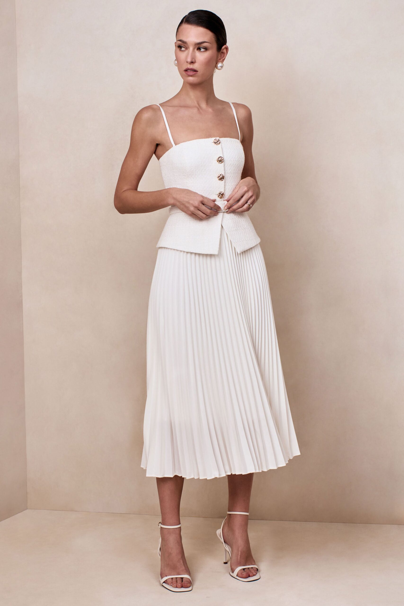 Lizzy | Cream Square-Neck Midi Dress With Pleated-Skirt - Image 8
